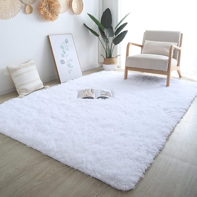 White Shag Area Rug 6x9 Living Room - Ultra Soft Fluffy Carpet Home Decor | Versatile Decor: Perfect for living room - bedrooms Bright white complements any furniture style effortlessly
