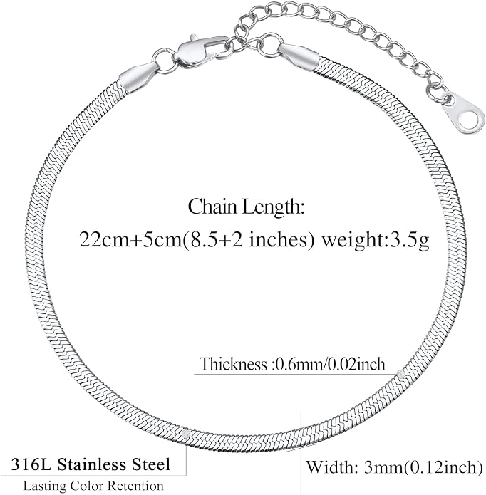 FindChic Elegant Herringbone Snake Chain Anklets/Bracelets 3MM/5MM Width Stainless Steel/18K Gold/Rose Gold Plated/Black 4 Color Options, 8.3'' 8.5'' 10.5'' Length, with Gift Box