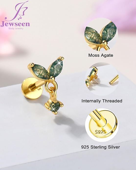 Jewseen Celtic knot&Butterfly Moss Agate Stud Earrings Dangle Internal Threaded Flat Back 16g 8mm Hypoallergenic 925 Sterling Silver Piercing Jewelry for Cartilage Lip Conch Tragus Helix