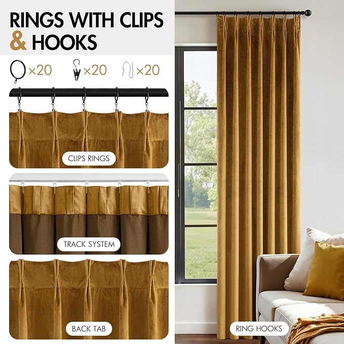 MIULEE Gold Velvet Blackout Curtains 96 inches Long, Pinch Pleated Drapes with Hooks, Thermal Insulated Pleat Design Luxury Panels for Living Room Bedroom, Set of 2