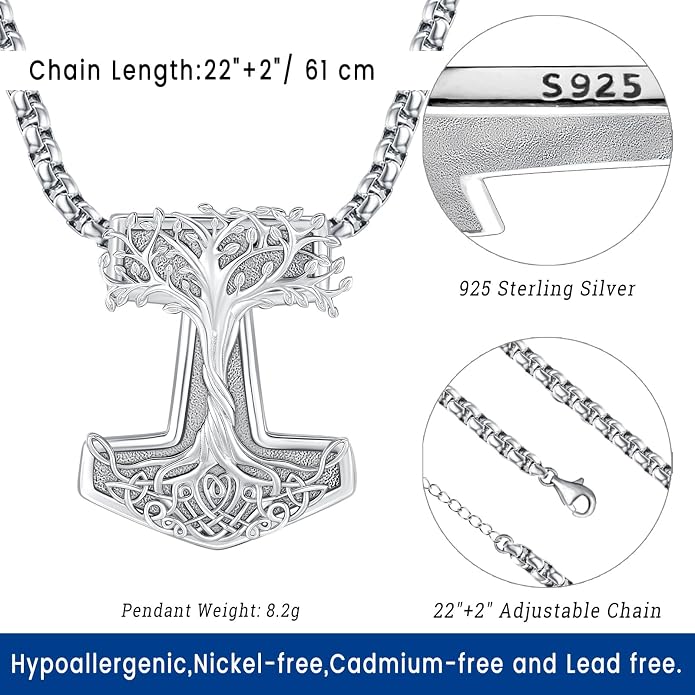 Eusense Viking Jewelry for Men Women Sterling Silver 925 Mjolnir Thors Hammer Pendant Celtic Cross Necklace Wolf Odin Raven Freya Goddess Norse Pagan Compass Vegvisir Yggdrasil Nordic Viking Necklaces Gifts