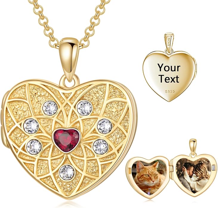 Round/Heart/Oval Shape Locket Necklace That Holds Pictures 925 Sterling Silver Personalized Birthstone Photos Engraved Locket Pendant Birthday Memorial Jewelry Gift for Women