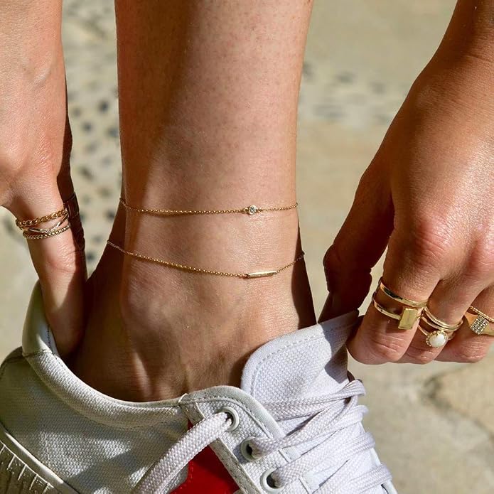 LOYATA Dainty Ankle Bracelet,14K Gold Plated Tiny Bead Anklet Dainty White Cubic Zirconia Cross Tassel Foot Chain Cute Lucky Moon Evil Eye Foot Jewelry Boho Anklets for Women
