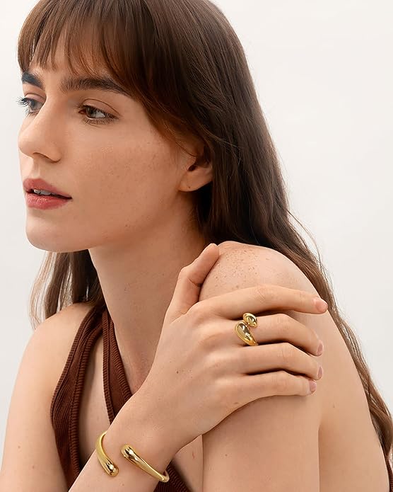 WOWORAMA Chunky Teardrop Rings for Women Silver Gold Bypass Dome Rings Thick Statement Open Adjustable Rings Simple Waterdrop Stackable Band Rings
