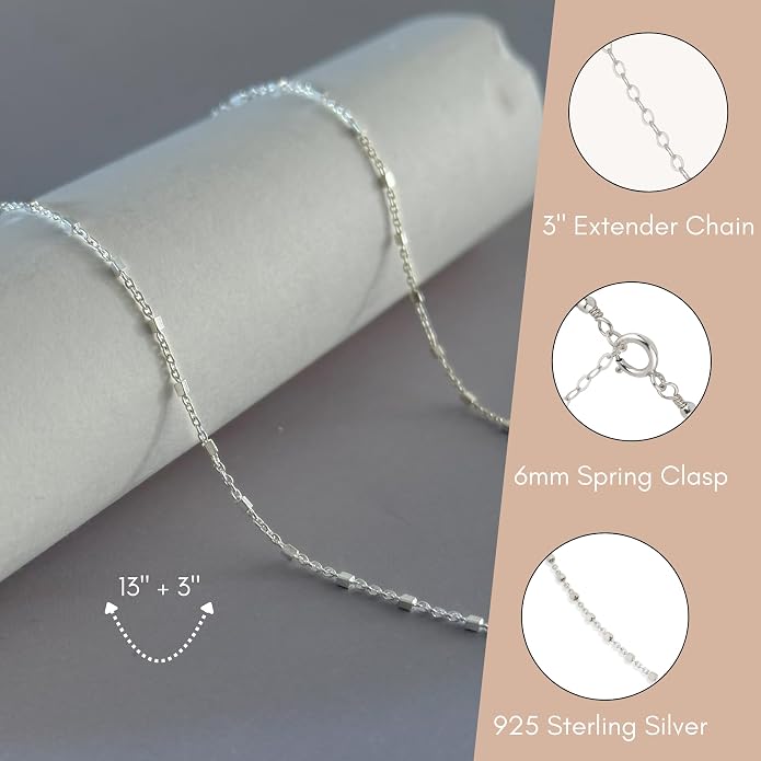 Annika Bella Chain Choker Necklace for Women, 925 Sterling Silver Chokers, Length 13-16 Inches, Short Necklaces for Teens, Waterproof Jewelry Gift for Her