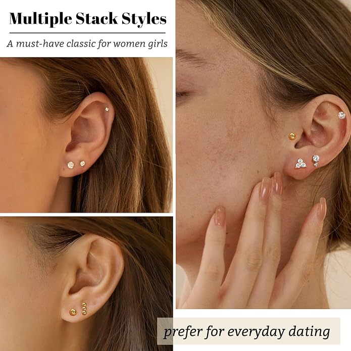 Senteria 6/8 Pairs Stainless Steel Stud Earrings for Women Hypoallergenic Flat Back Stud Earrings Tiny Stainless Steel Earring Small Cartilage Earring Set for Multiple Piercing