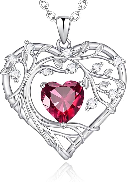 Tree of Life Birthstone Pendant Necklace - 925 Sterling Silver Heart Cubic Zirconia Diamond Women Pendant Necklaces for Her Daughter Girlfriend Birthday Gift Ideas for Wife Mom for Valentines Day