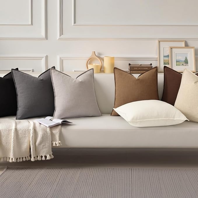 decorUhome Fall Brown Linen Throw Pillow Covers 18x18 Set of 2 | Decorative Soft Cozy Modern Farmhouse Boho Accent Pillow Cases with Flange Edges for Couch Bed Sofa Living Room Home Decor