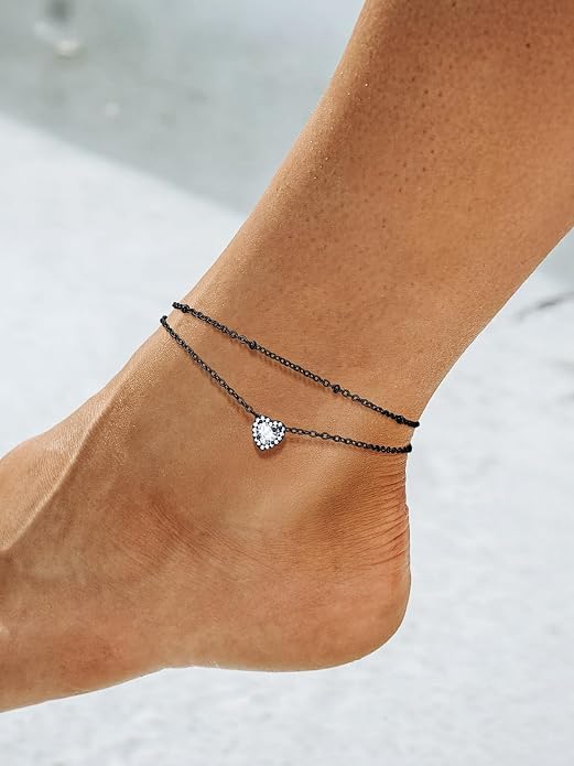 Richsteel Double Layer Heart/Butterfly Birthstone Anklet for Women Non Tarnish Waterproof, Silver/Gold/Black Stainless Steel 8.5-10.5 Inch Adjustable Chain Anklets Jewelry Gifts for Her