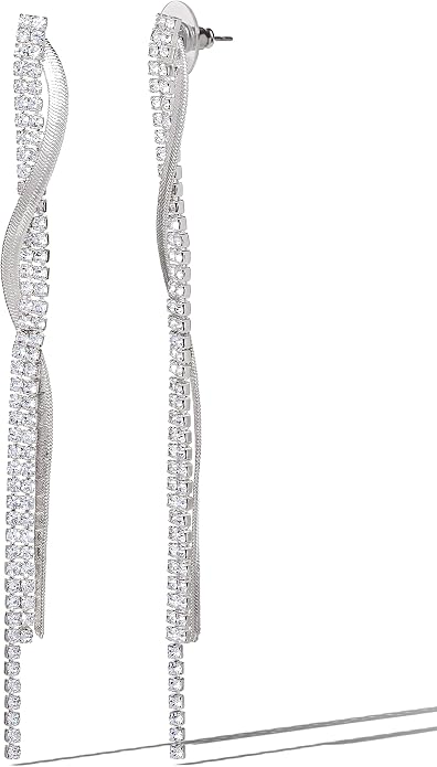 Jessica Simpson Long Silver Rhinestone Tassel Earrings for Women – Twisted Chain Fringe Dangle Earrings – Elegant Statement Jewelry