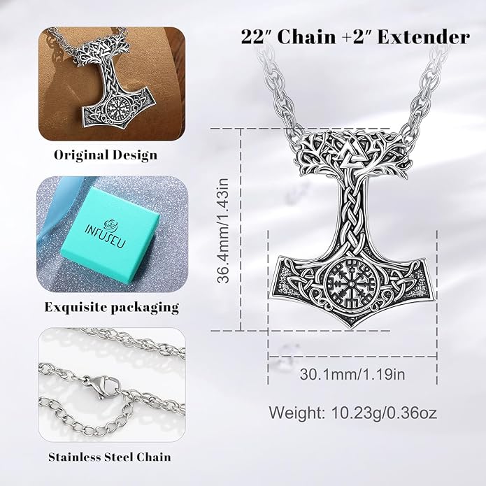INFUSEU Mythology Pendant Necklaces for Men, Viking Norse Mjolnir Egyptian Anubis Ankh, 22-24 Inch Chain