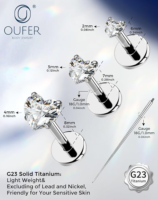 OUFER 18G 6/7/8MM Flat Back Cartilage EarRings-3PCS Gold Titanium Extended Internally Threaded Lip Piercing 2/3/4MM Round Clear CZ Helix Piercing Jewelry
