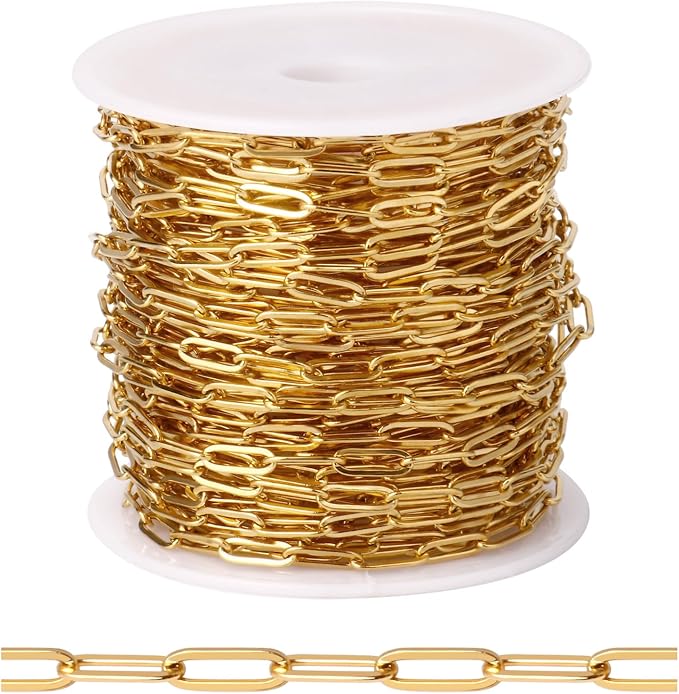 [33FT] 18K Gold Plated Paperclip Chains for Jewelry Making, 3mm Wide 304 Stainless Steel Paperclip Link Chain Roll Bulk for DIY Jewelry Making Craft
