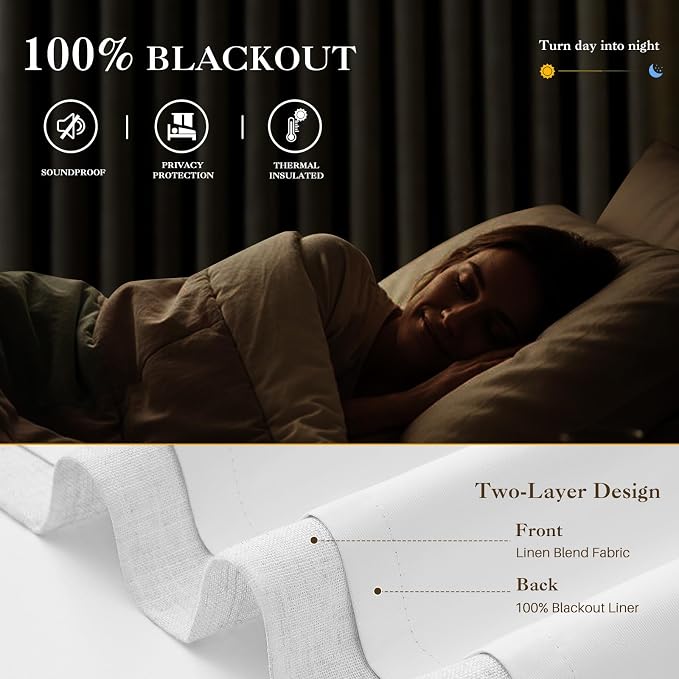 IVAPUPU Linen Pinch Pleated Full Blackout Curtains for Bedroom - Black Out White Curtains 95 Inch Long 2 Panel for Living Room Darkening Thermal 2 Pages Window Curtain Drapes with 16pc Hooks