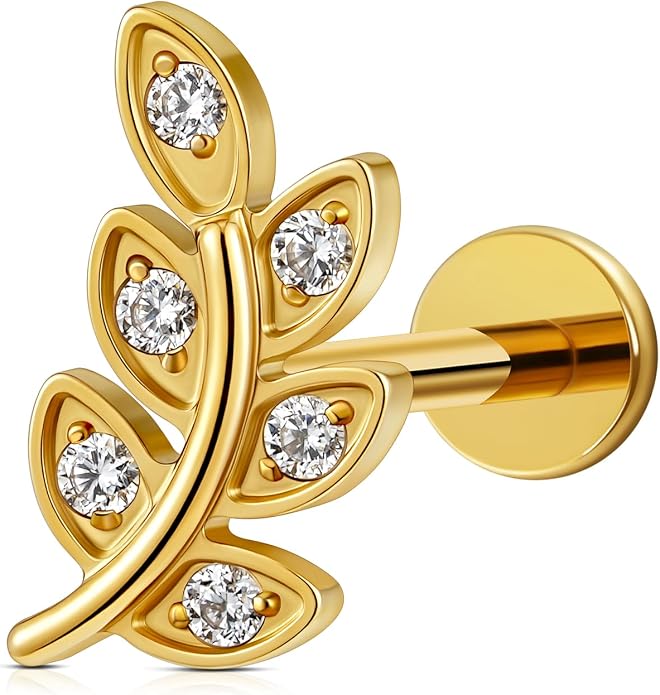 FINE4U 1PC Leaf Flat Back Stud Flat, Helix, Conch, Tragus 6mm 8mm - ASTM F136 Titanium Screw on Body Piercing Jewelry