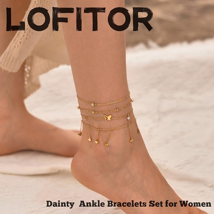 LOFITOR Ankle Bracelets for Women Glitter Waterproof Adjustable Anklet Set for Women 18K Gold Plated Silver Charm Dainty Layered Anklets, Summer Beach Anklet Jewelry for Women