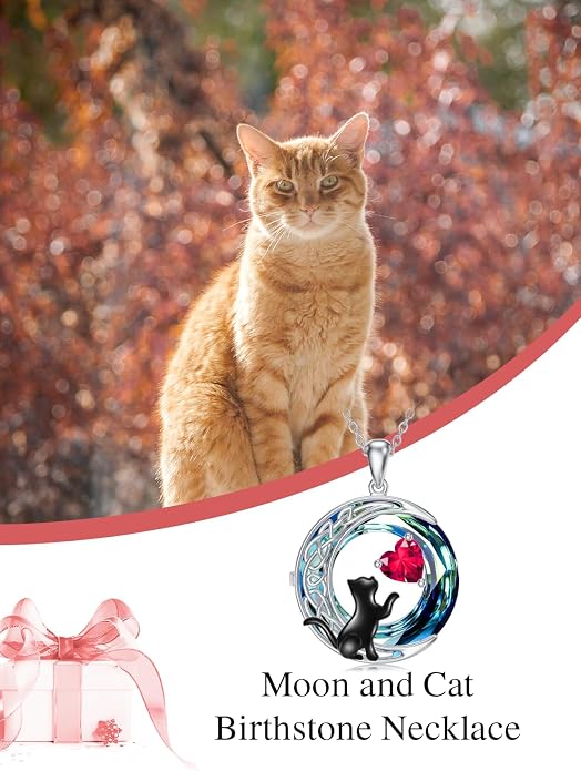 TOUPOP Cat Gifts for Cats Lovers 925 Sterling Silver Black Cat Necklace Celtic Moon Birthstone Jewelry for Women Anniversary Birthday Gift for Her Wife Mom