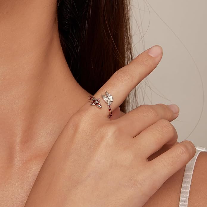 Animal Open Adjustable Ring Playful Cat Dachshund Snake Koi Fish Hummingbird Bat Heart Feather Stacking Ring for Women, Sterling Silver Plated Pet Memorial Jewelry Gift for Cat Lovers