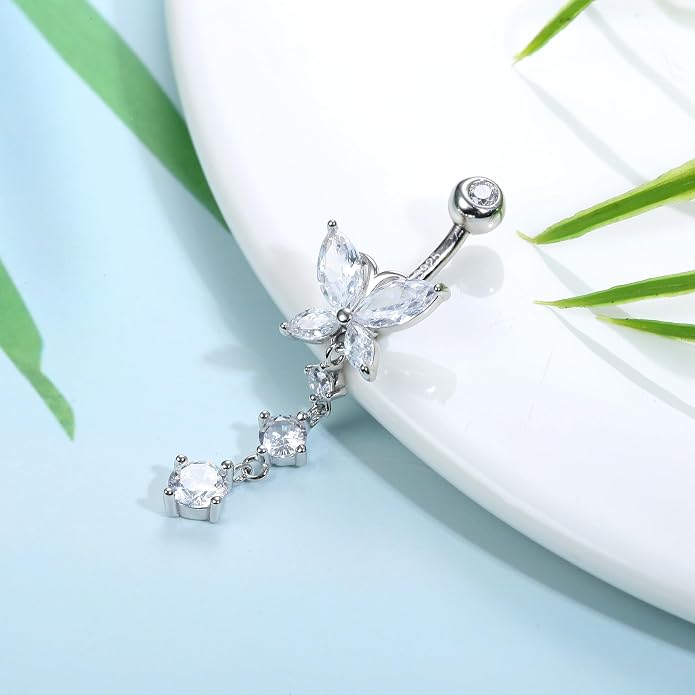 ZELORES 925 Sterling Silver 14G Dangle Belly Button Rings Barbell Belly Rings CZ Opal Belly Body Piercing Jewelry for Women