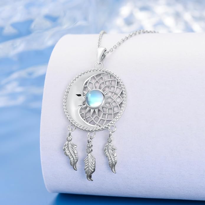Dream Catcher Moonstone/Turquoise Necklace 925 Sterling Silver Moon Necklace Dream Catcher Pendant Necklace Dream Catcher Jewelry Moonstone/Turquoise Jewelry Sun Necklace Gifts for Women