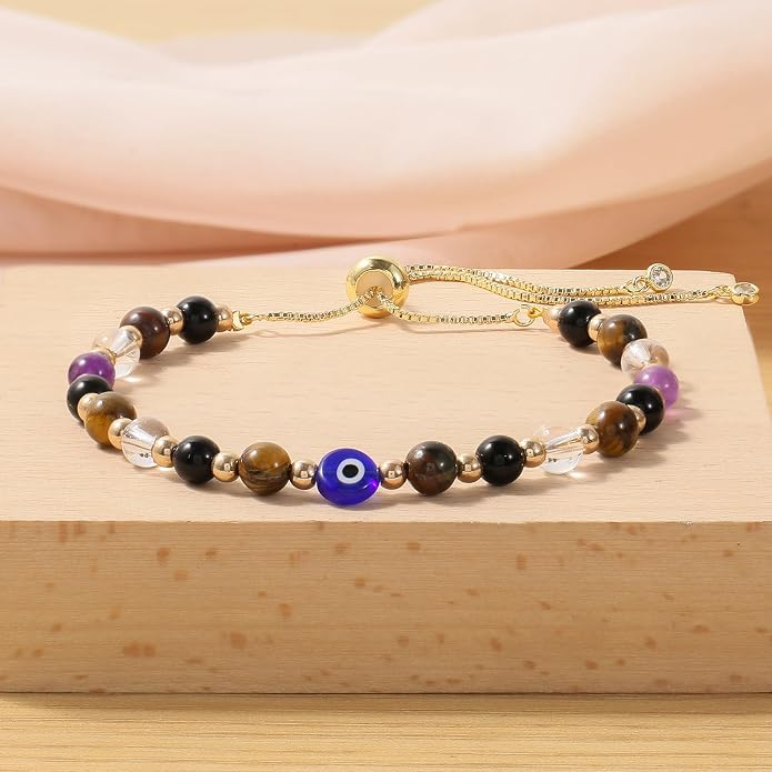 Jardme Natural Healing Crystals Bracelets for Women, Anxiety Relief Triple Protection Good Luck, Kalm Bracelet, Inspirational Spiritual Jewelry Gift for Friends Daughter Mom 6.5+2 Inches