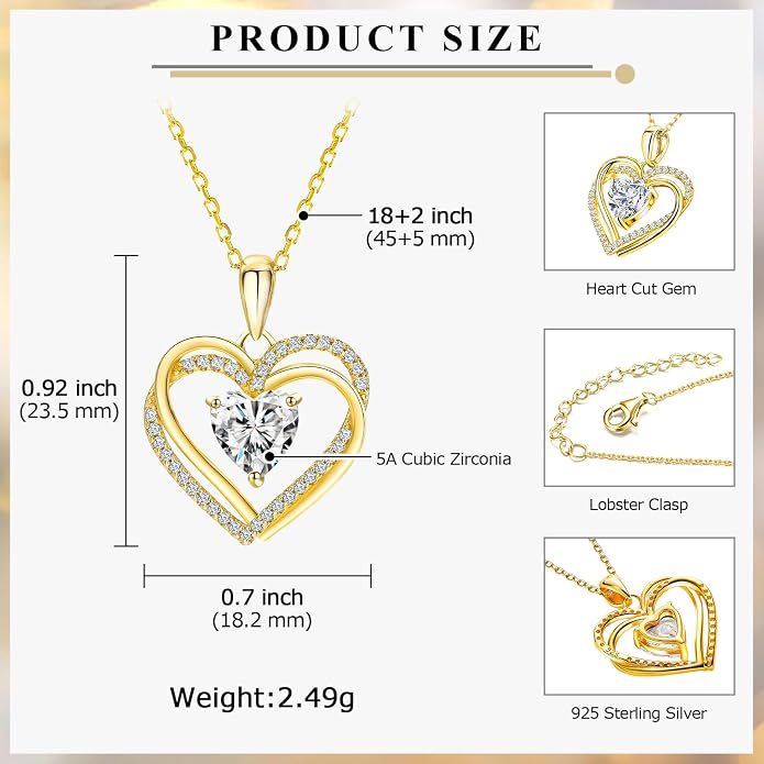 Anniversary Charm Necklace, Sterling Silver 14K Gold Plated Chain with Interlocking Heart Pendant Elegant Birthstone Necklaces for Women, Length 18"