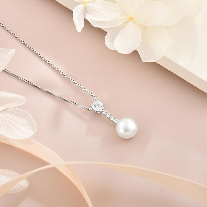 Pearl Necklace for Women, 925 Sterling Silver Dainty Round Freshwater Pearl with 5A Zircon Pendant Ideal Birthstone Jewelry Gifts for Her