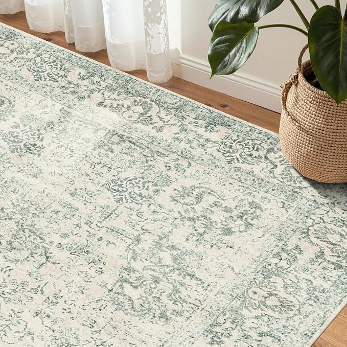 Rugxara Washable Area Rug for Living Room, Vintage Boho Rugs for Office, Dining Room, Kids Room, Farmhouse, Durable Low Pile Non Slip Carpet for High Traffic Areas, Light Green(4x6ft)