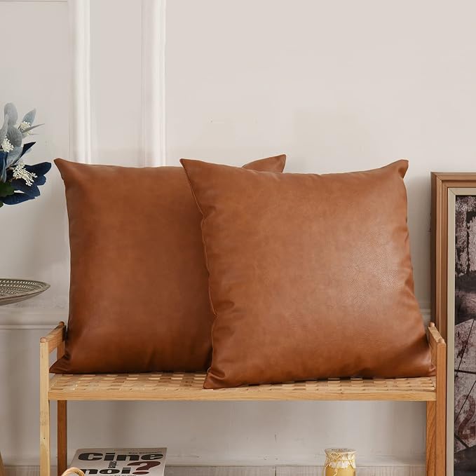 Tosewever Faux Leather Throw Pillow Covers, 16 x 16 inch Set of 2 Luxury Cognac Brown Modern Pillowcases Solid Decorative Square Cushion Cases for Bedroom Living Room Couch Bed Sofa (Brown, 16" x 16")