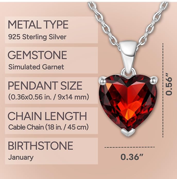 ADITA GOLD Bithstone Heart Necklace for Women with 925 Sterling Silver Chain, Simulated Birthstone Pendant, Jewelry