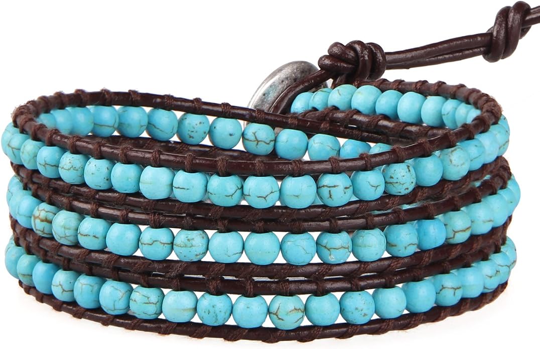KELITCH Turquoise Beads Bracelets Leather 3 Wrap Bracelet Handmade Women Heart Jewelry