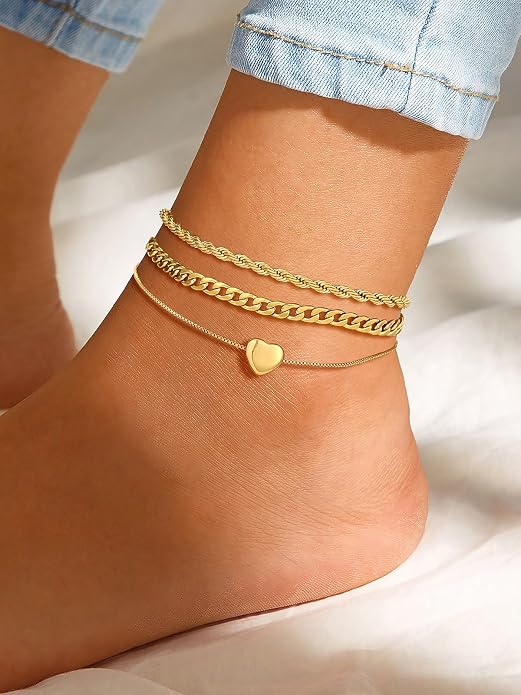 U7 2Pcs/3Pcs Ankle Bracelets for Women, Stainless Steel Cuban Link/Figaro/Rope/Heart Chain Anklets Sets,Waterproof Layered Anklets Adjustable 8.5"-10.5"