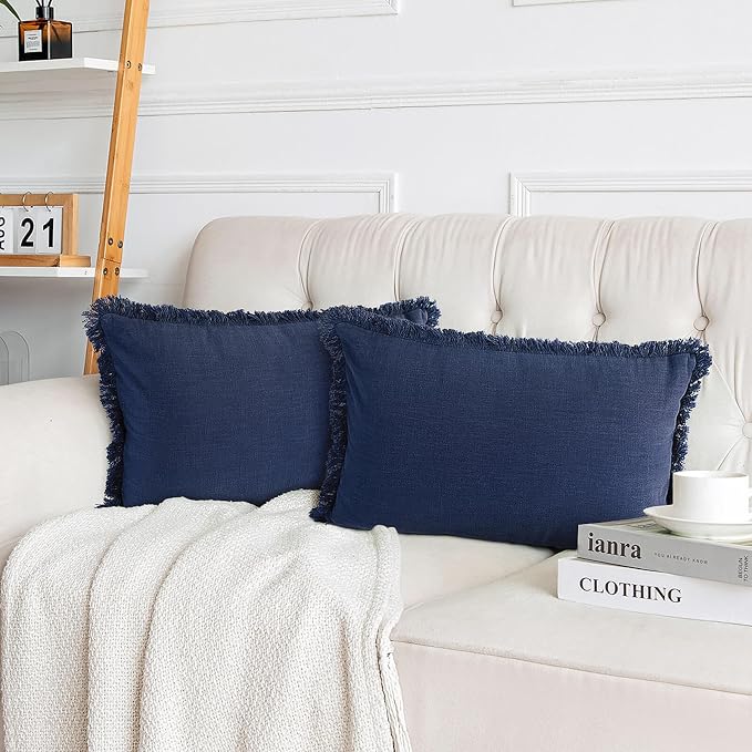 AmHoo Pack of 2 Linen Pillow Covers with Tassels Fringed Decorative Rustic Natural Throw Pillowcase Cushion for Couch Sofa Bedroom 12 x 20-Inch Navy Blue