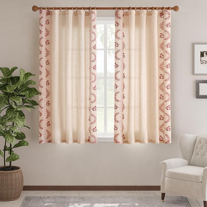 jinchan Floral Linen Curtains 63 Inch Back Tab 2 Panels Burgundy Red | Embroidered curtains,boho curtains,living room,bedroom,light filtering,privacy,flower patterned drapes,window treatment