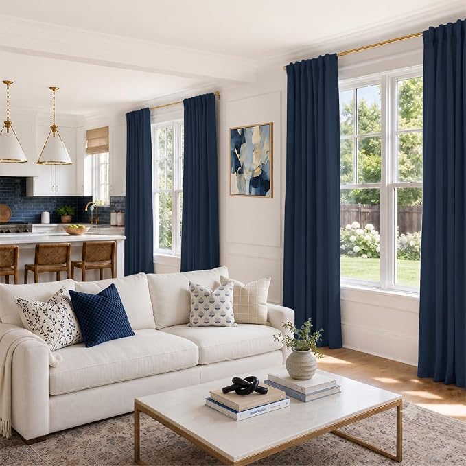 INOVADAY 100% Blackout Curtains 90 Inches Length 2 Panels Set, Back Tab/Rod Pocket Linen Black Out Curtains for Bedroom, Thermal Insulated Window Drapes - Midnight Blue, W50 X L90
