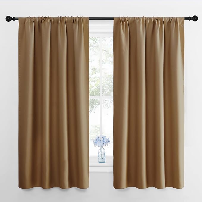 NICETOWN Bedroom Curtains Blackout Draperies, Gold Brown, 1 Pair, 34-inch W x 63-inch L, Home Decorations Thermal Insulated Solid Pole Top Blackout Drapes for Living Room