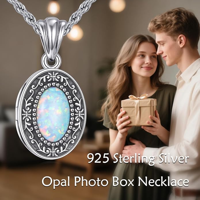 Opal Locket Necklace 925 Sterling Silver Vintage Filigree Oval Opal Photo Locket Pendant Necklace Holds Pictures Jewelry Gifts for Women Mom Wife Grandma