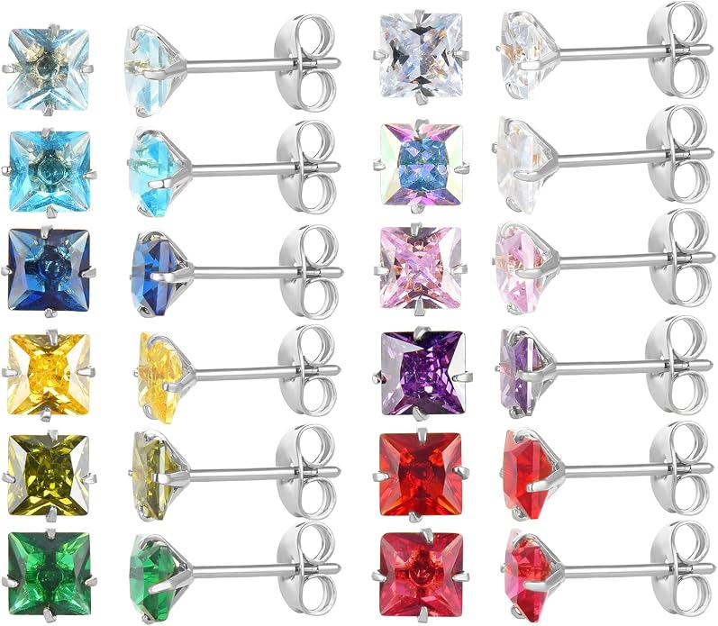 12 Pairs Surgical Stainless Steel Stud Earring Round Heart Star Square Cubic Zirconia Birthstone Stud Earrings Set for Women