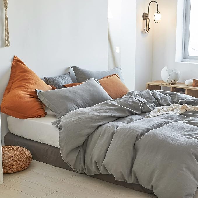 Simple&Opulence 100% Linen Duvet Cover Set 3pcs Basic Style Natural French Washed Flax Solid Color Soft Breathable Farmhouse Bedding with Button Closure - Ultimate Grey, Full