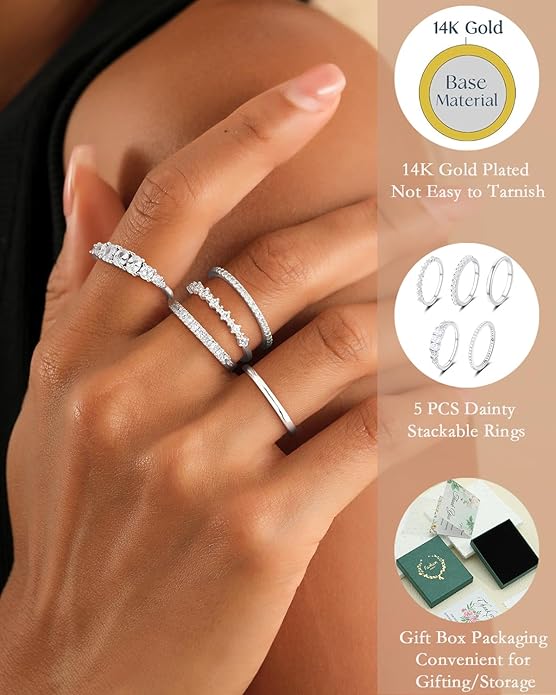 Stackable Silver/Gold Rings for Women Non Tarnish Trendy Dainty 14K Gold Plated Stacking Cubic Zirconia Thumb Ring Set Minimalist Promise Wedding Bands Engagement Rings for Women Size 6-10