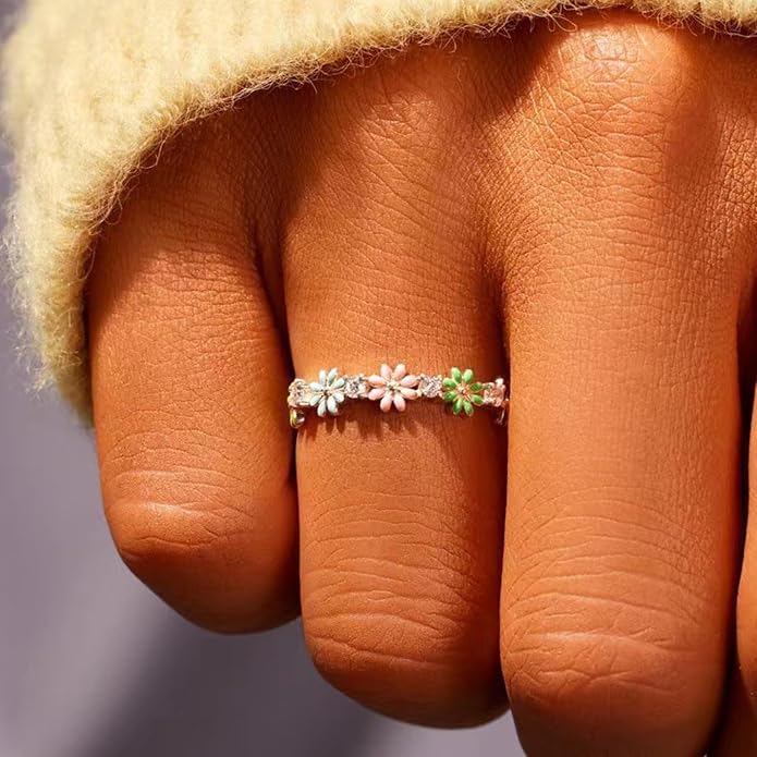 Color Daisy 925 Sterling Silver Wedding Band Plated with 18K White Gold Stackable Promise Engagement Rings Brand Jewelry Adjustable