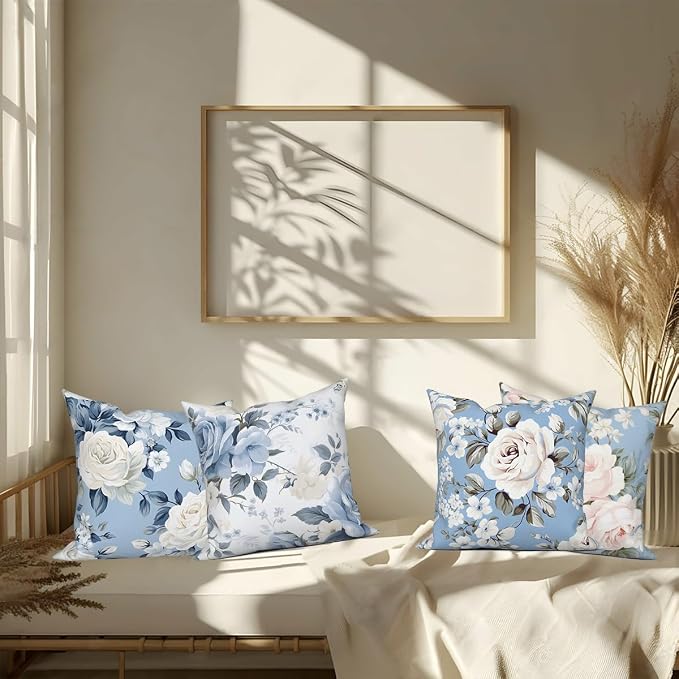 4 Pcs/Set Rose Flowers Pillow Covers Summer Floral Green Leaves Flowering Shrub Plants Natural Scenery Colorful Watercolor Linen Cushion Case for Outdoor Couch Sofa Bedroom, 20"x20"