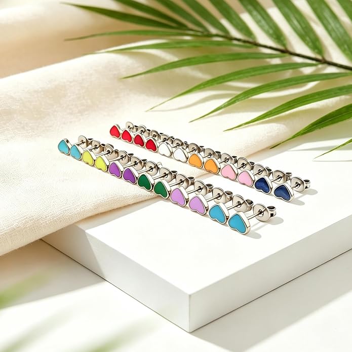 JMLOON 12 Pairs Enamel Flat Back Stud Earrings Surgical Stainless Steel Round Heart Star Square Hexagon Screw Back Stud Earrings