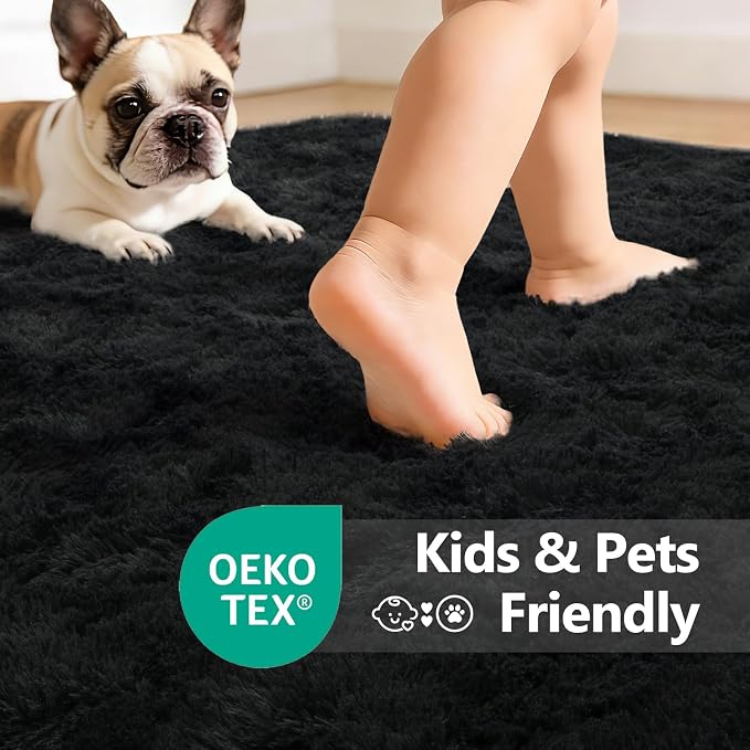 Large Shaggy 6x9 Area Rugs for Living Room Decor, Non-Slip Rugs for Bedroom Kids Playroom Dorm Room, High Pile Ultra Soft Carpet, Black