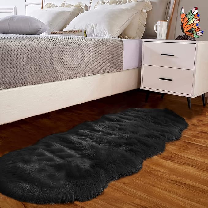 Goolela Black Fluffy Runner Rug 2x6 for Bedroom Faux Sheepksin Fur Fuzzy Furry Bedside Rug Shaggy Plush Soft Sheepskin