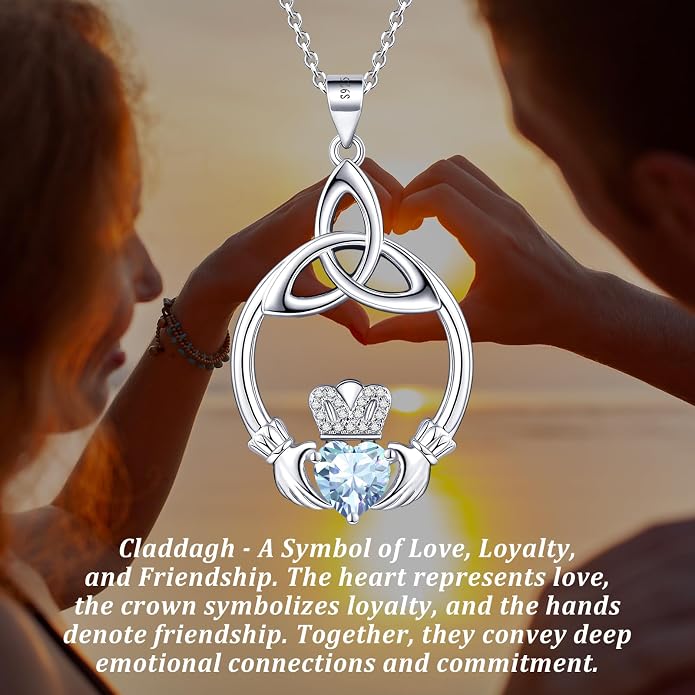 Gift Birthstone Necklaces for Women 925 Sterling Silver Irish Claddagh Necklace for Women Heart Birthstone Pendant Necklace Anniversary Birthday Gifts for Wife Lady Cable Chain 18"+2"