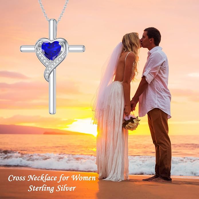 TOUPOP Birthstone Cross Necklace for Women 925 Sterling Silver Heart Cross Pendant Necklace Mothers Day Birthday Jewelry Gifts for Mom Wife Her