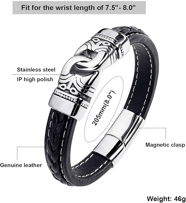 Mens Leather Bracelet,Braided Leather Wristband Cuff Bracelets Stainless Steel Clasp,Jewellery Gift for Men