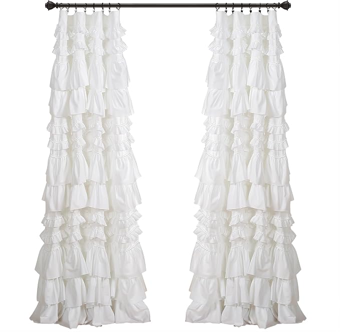 Lush Decor Kemmy Light Filtering Window Curtain Panel Single 52" W x 95" L White - Drapes - Ruffled Curtains for Bedroom - White Curtains - Coquette Decor