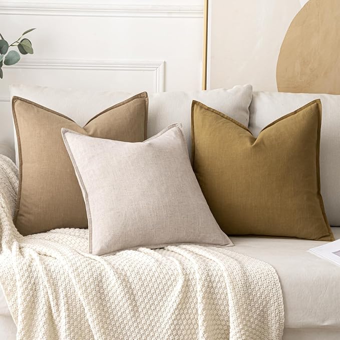MIULEE Decorative Linen Pillow Covers 18x18 Inch Mustard Yellow | Boho Farmhouse Neutral Couch Throw Pillows for Bed, Pack of 2 Accent Modern Pillowcases, Sofa Livingroom Home Decor
